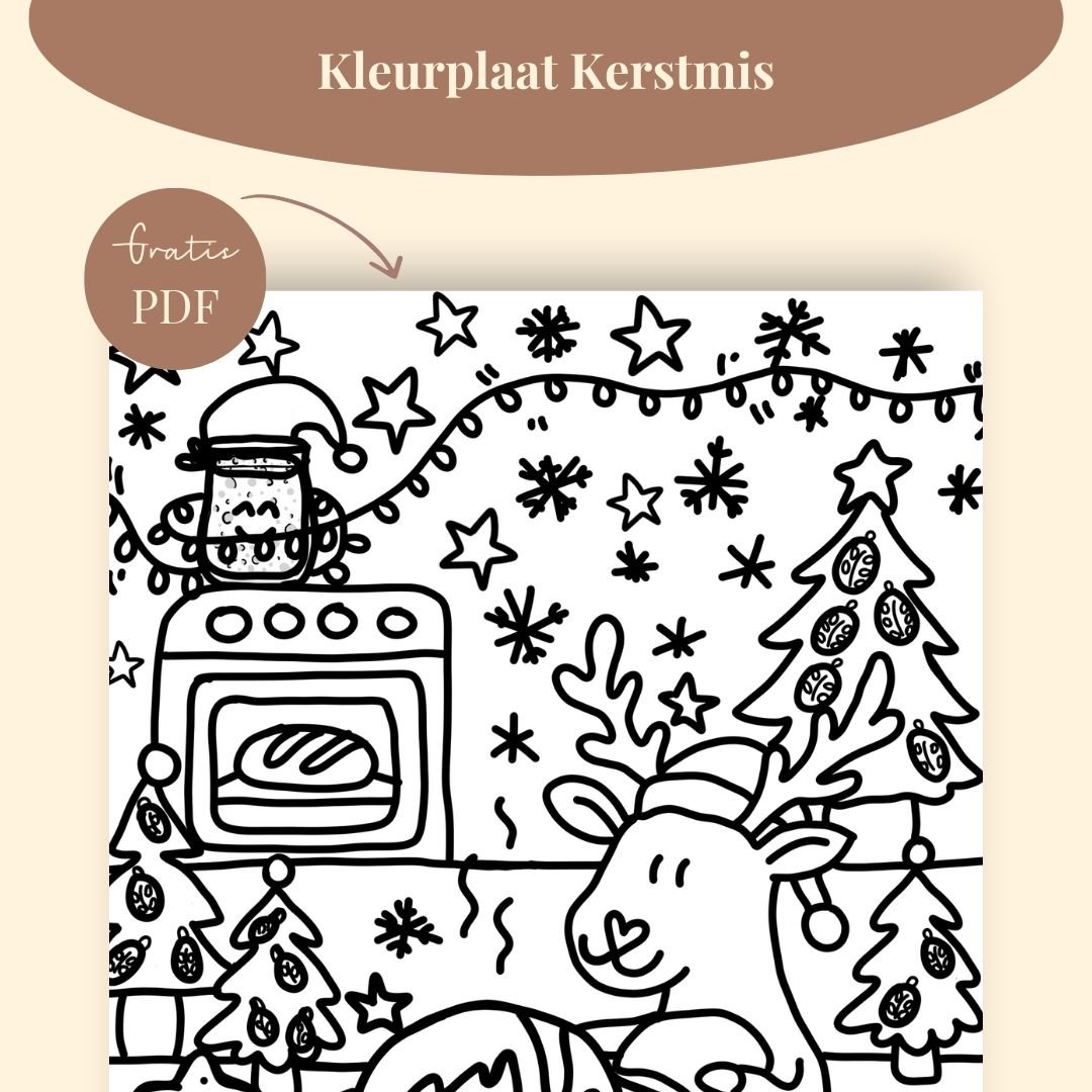 Kerst kleurplaat met zuurdesembrood in de keuken